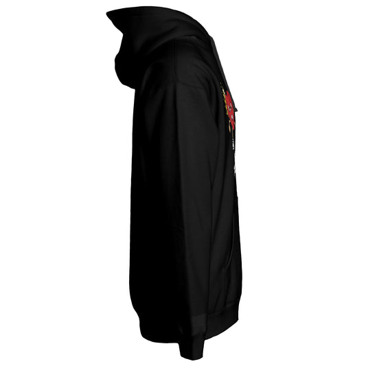 Black streetwear hoodie side view showing relaxed unisex fit