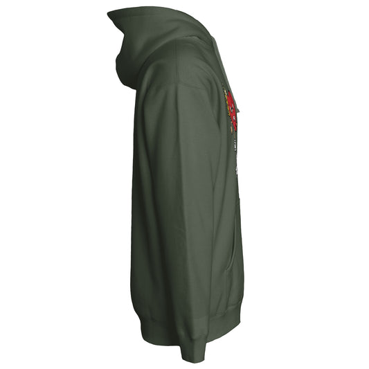 Army green streetwear hoodie side profile with graphic chest design