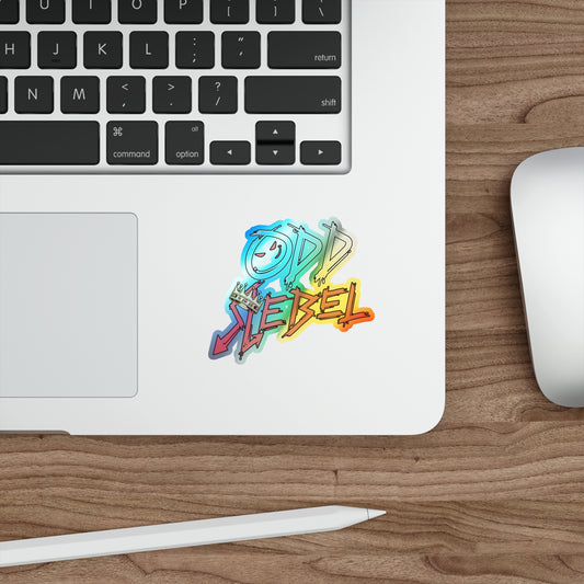 Graffiti style vinyl sticker on laptop, die-cut waterproof decal with colorful lettering and urban street aesthetic