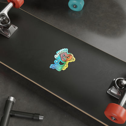 Holographic vinyl sticker on skateboard, waterproof die cut sticker, pop culture sticker design