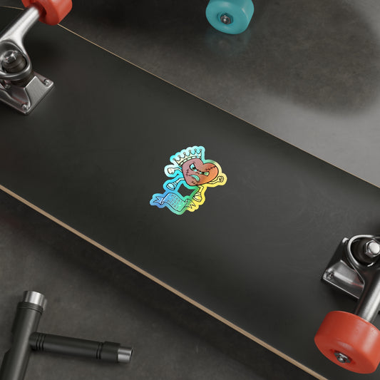 Holographic vinyl sticker on skateboard, waterproof die cut sticker, pop culture sticker design