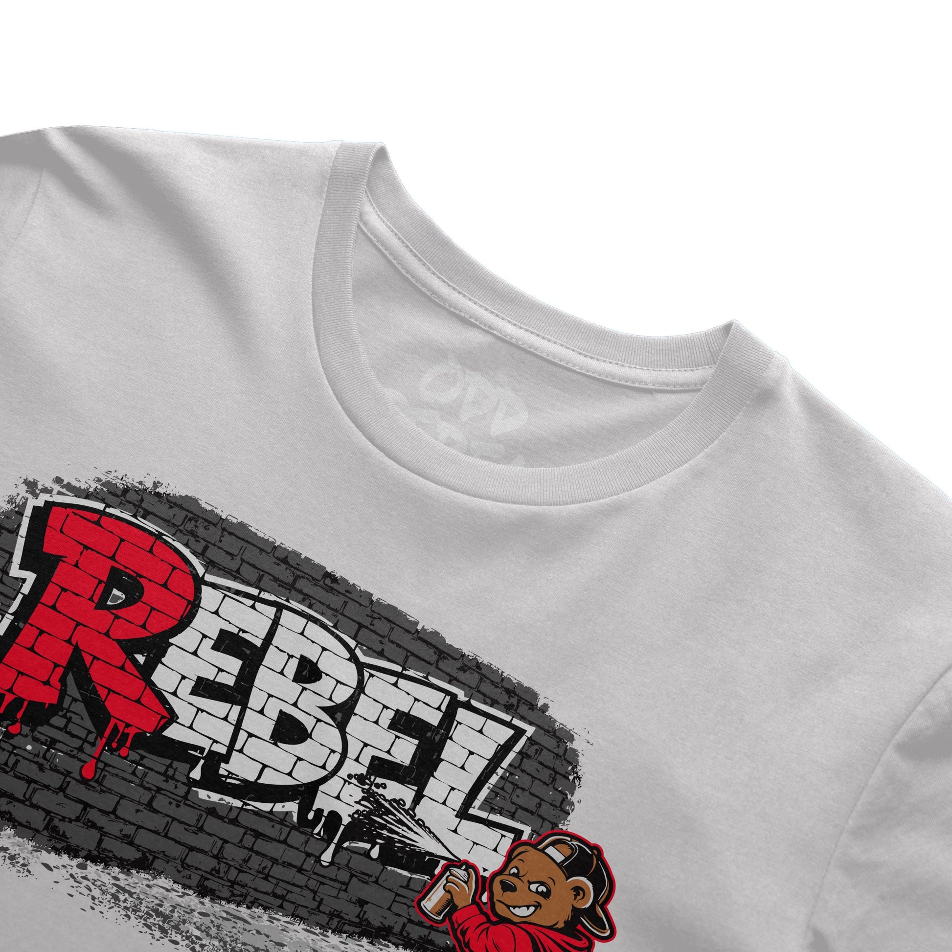 close-up of rebel bear graffiti design on white graphic t-shirt