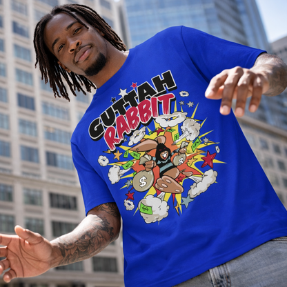 male model wearing blue guttah rabbit graphic streetwear t-shirt in urban setting
