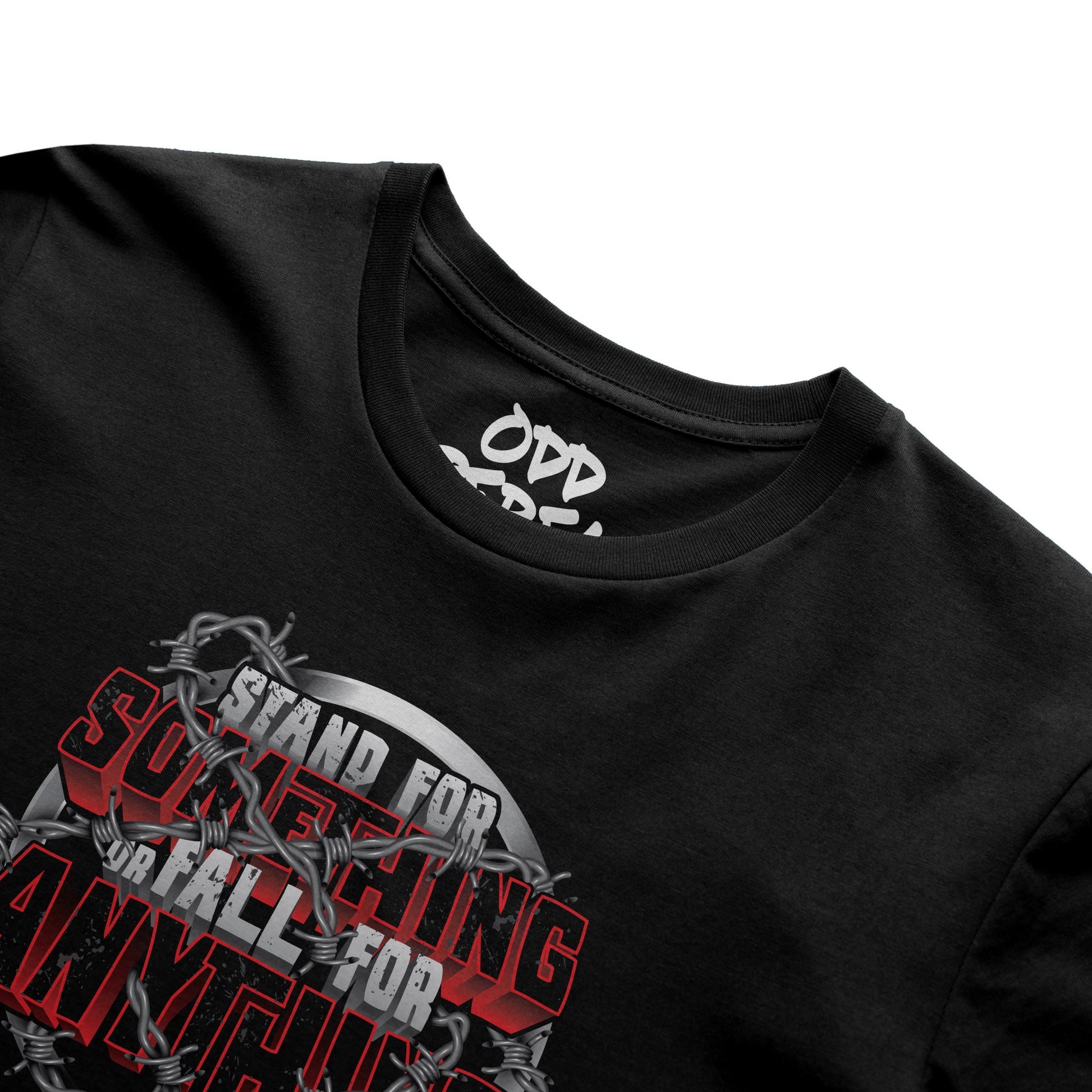 Close up of graphic t-shirt design on black skatewear tee