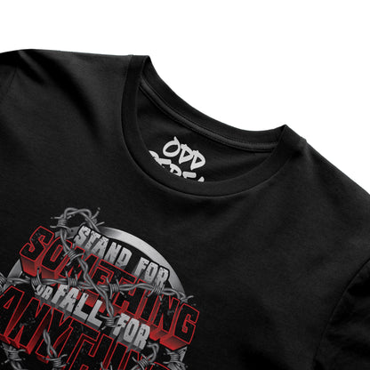 Close up of graphic t-shirt design on black skatewear tee