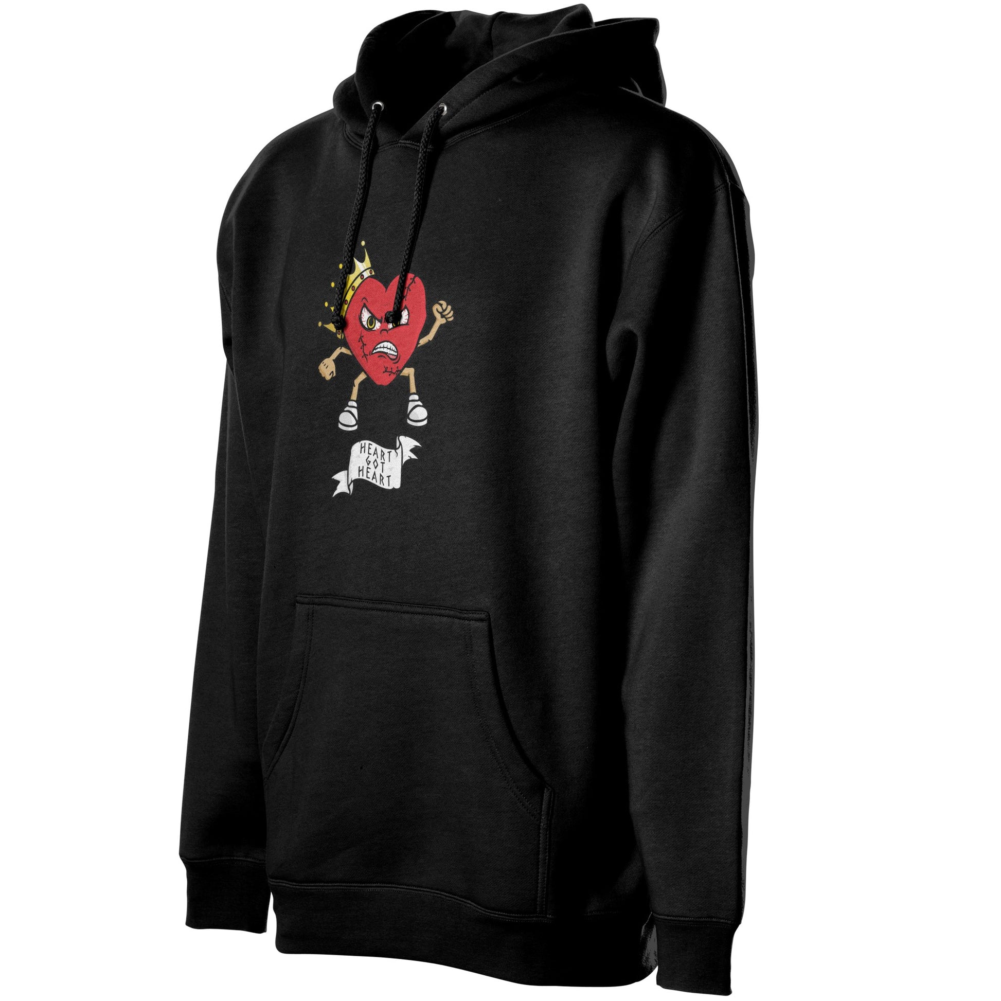 Black pullover streetwear hoodie angled front view with graphic design 