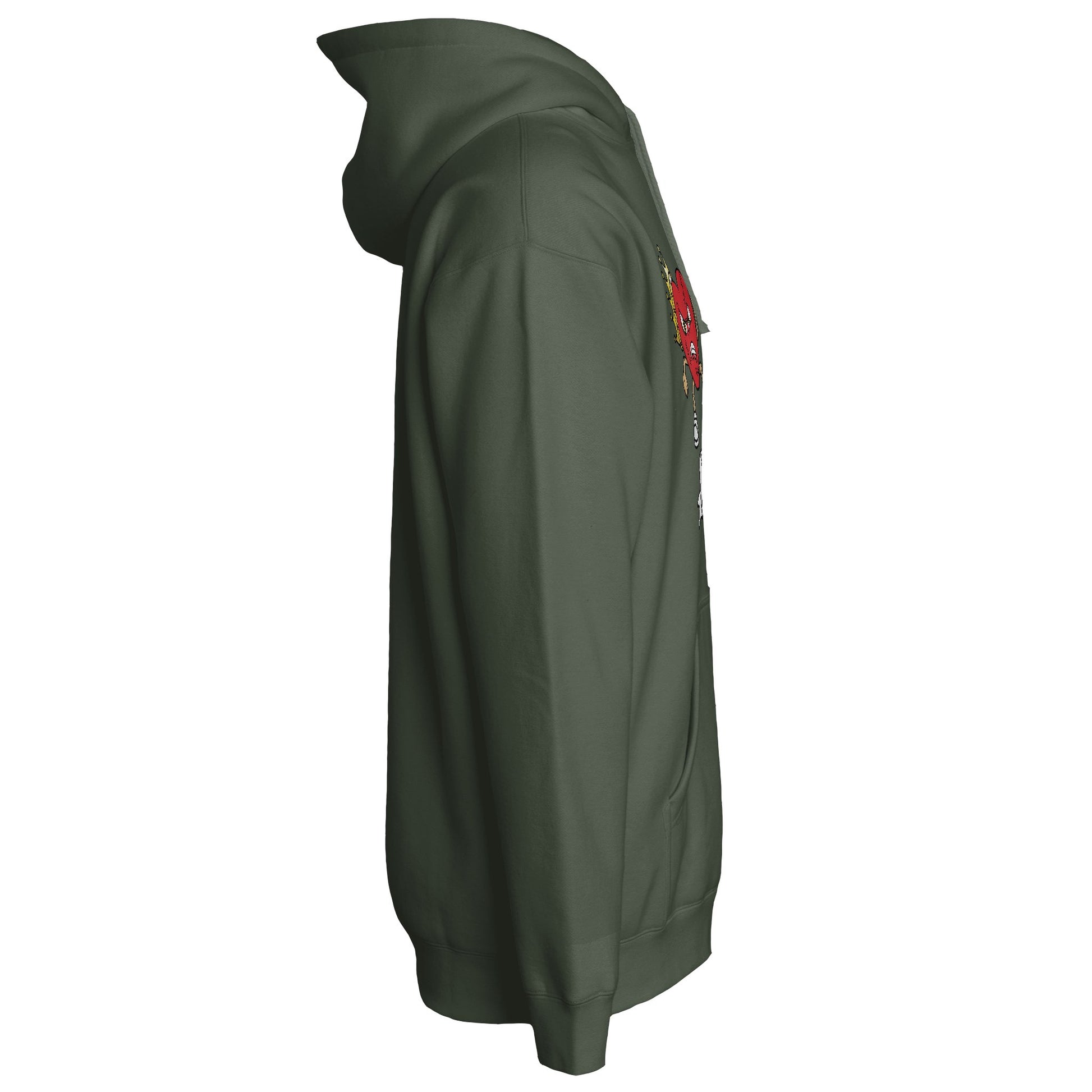 Army green streetwear hoodie side profile with graphic chest design 