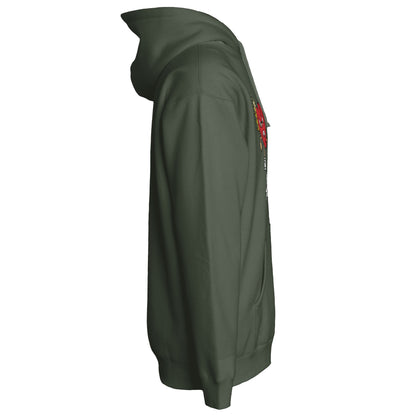 Army green streetwear hoodie side profile with graphic chest design 