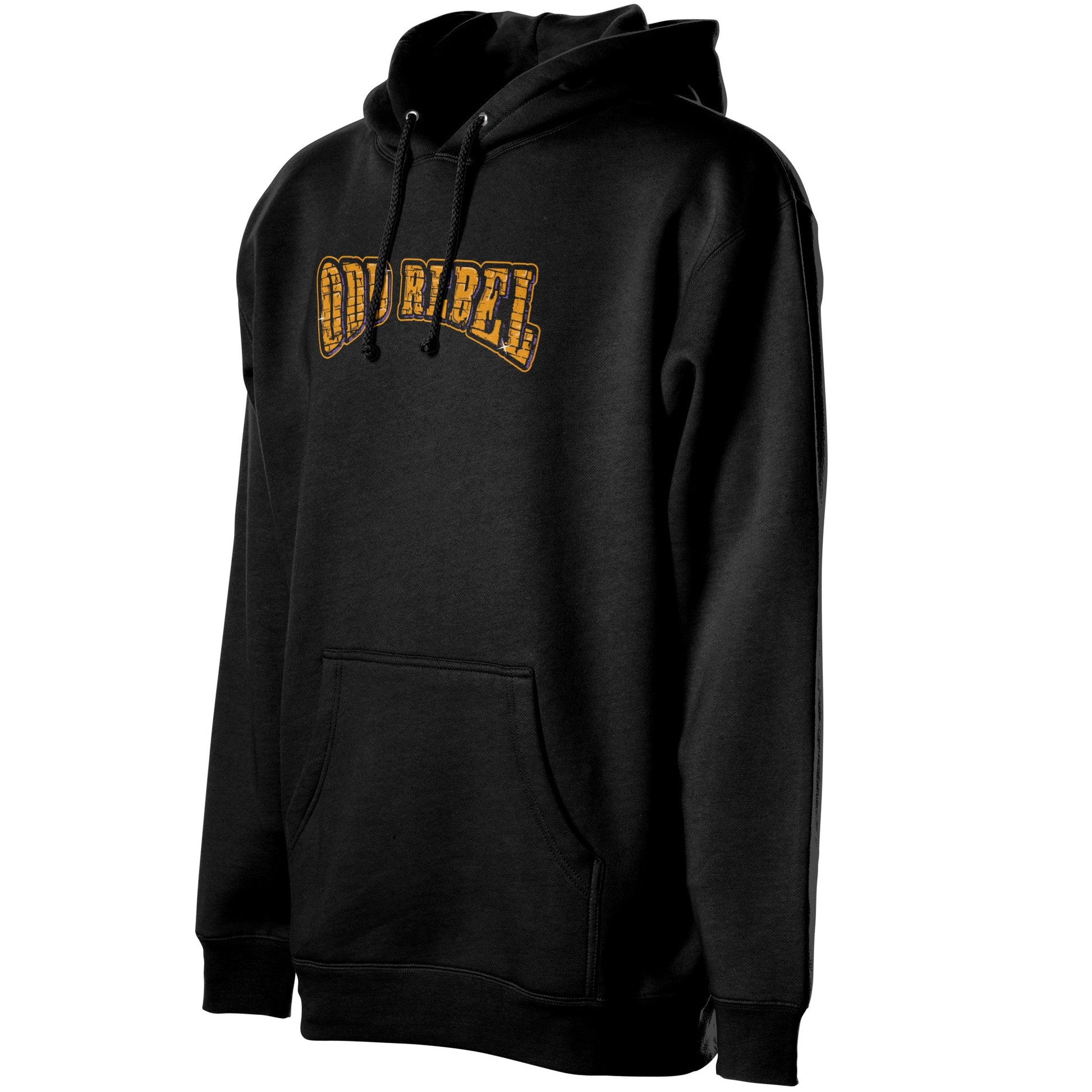Angled front view of black urban streetwear hoodie with bold chest graphic 