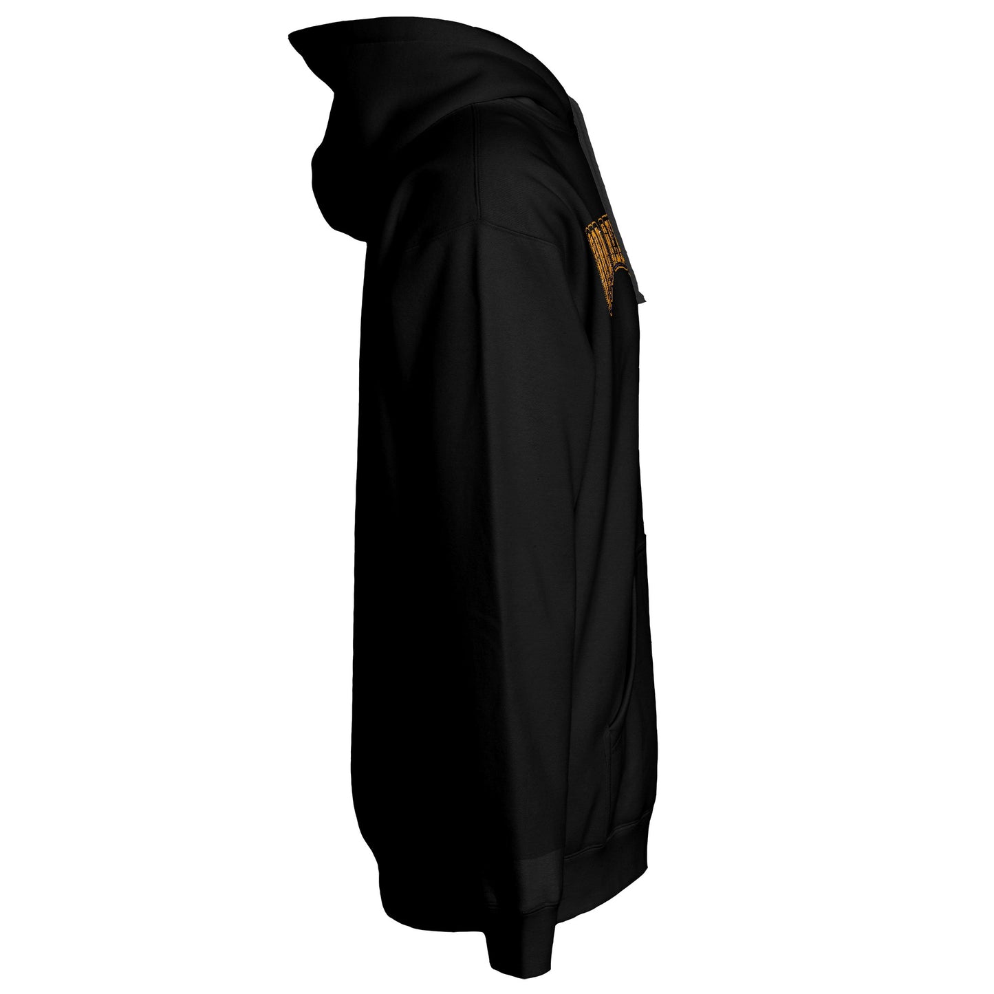 Side view of black pullover streetwear hoodie with relaxed unisex fit