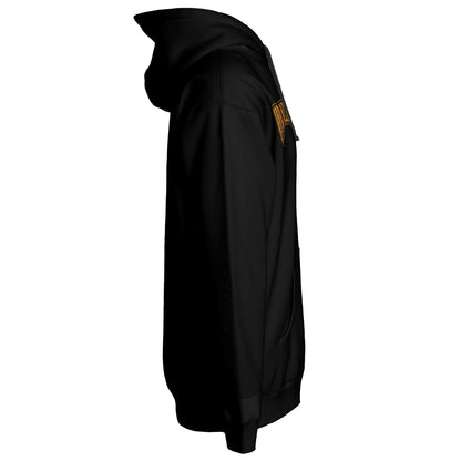 Side view of black pullover streetwear hoodie with relaxed unisex fit