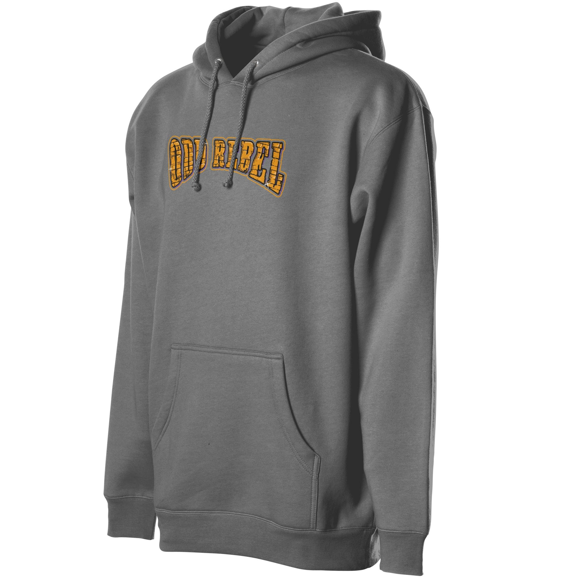 Angled front view of grey urban hoodie with bold graphic chest design