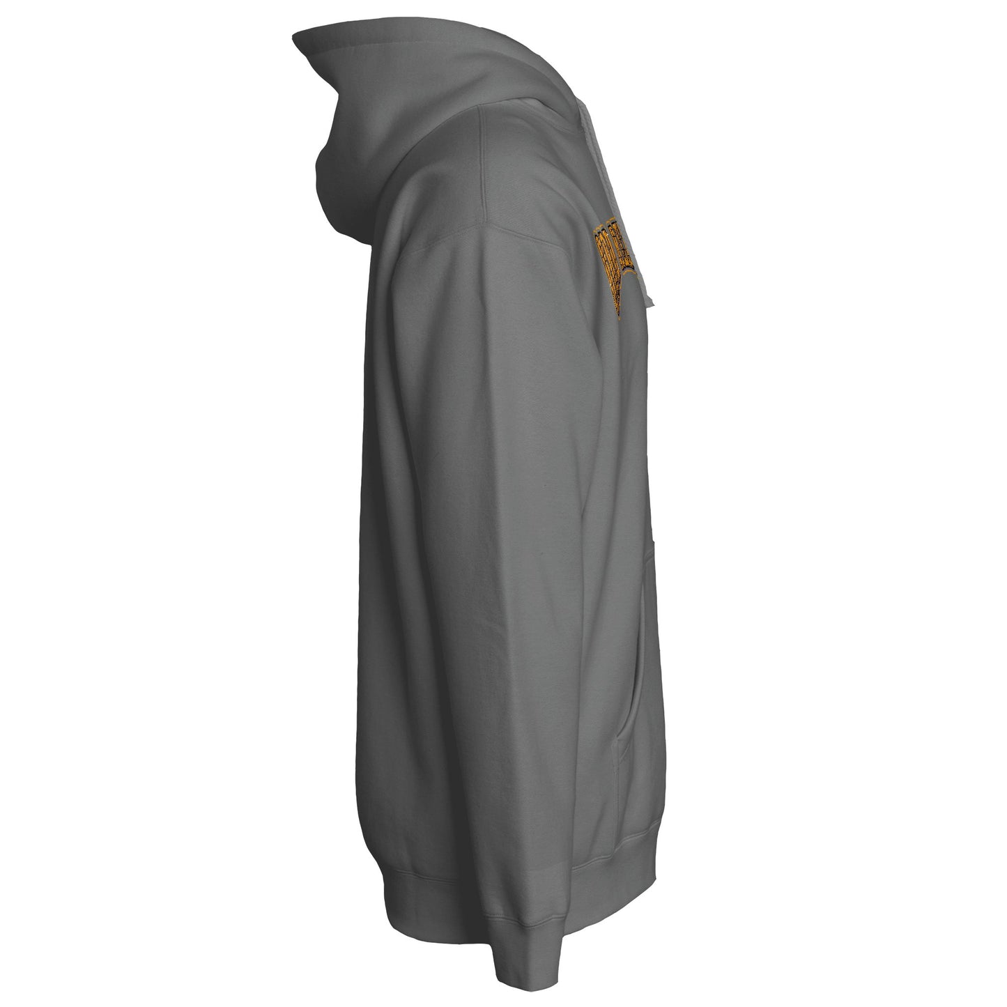 Side view of grey pullover streetwear hoodie with modern relaxed silhouette 
