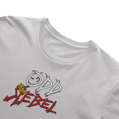 Close-up of Odd Rebel logo on white streetwear t-shirt