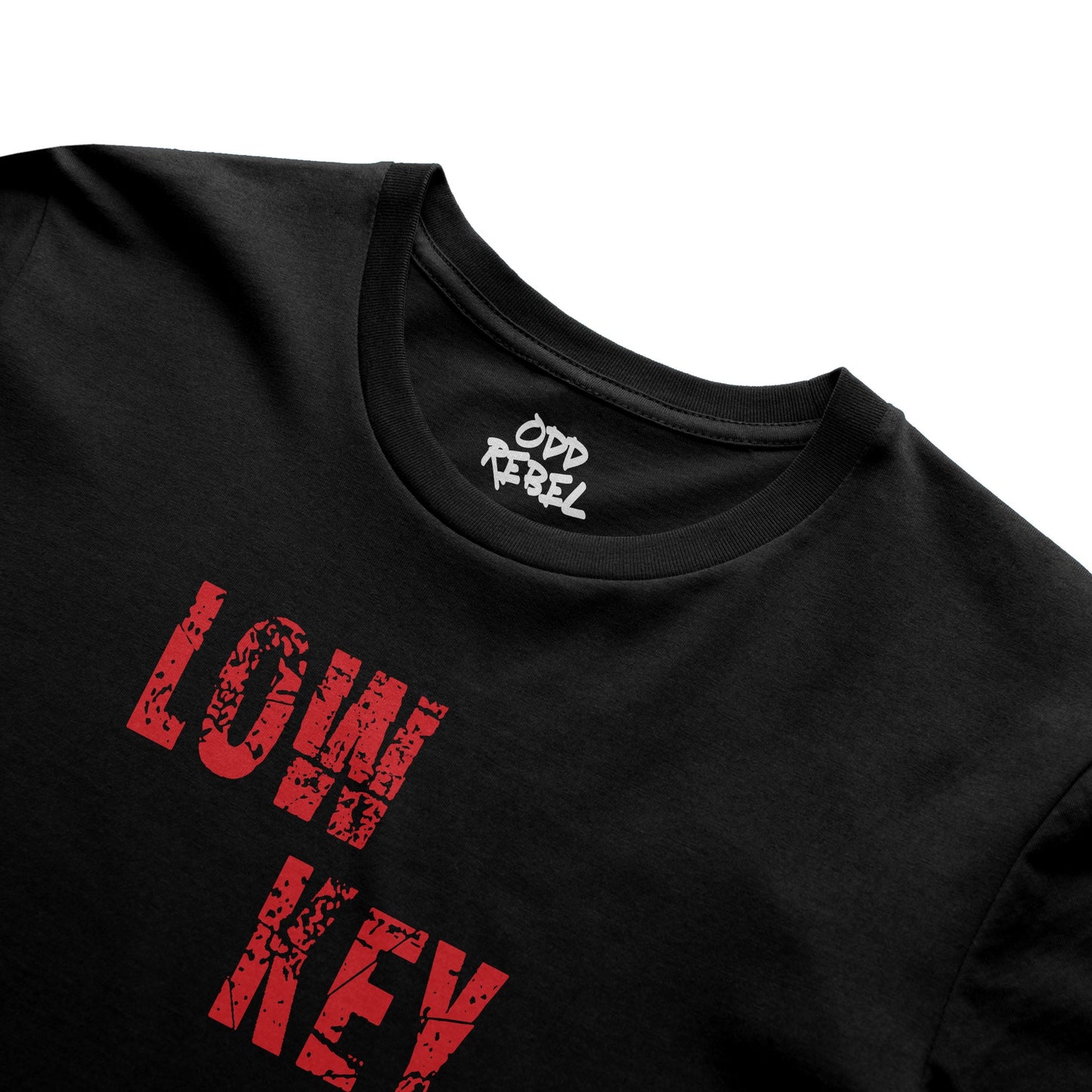 Bold red text graphic on black streetwear tee