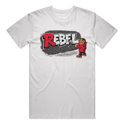 white graphic t-shirt with rebel bear graffiti streetwear artwork 