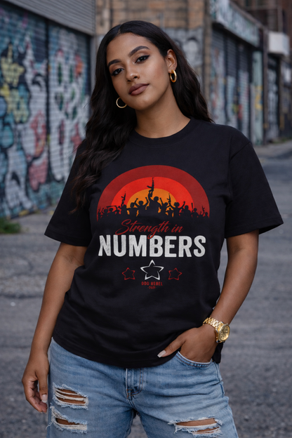 Women's black streetwear graphic t-shirt with bold protest-style design