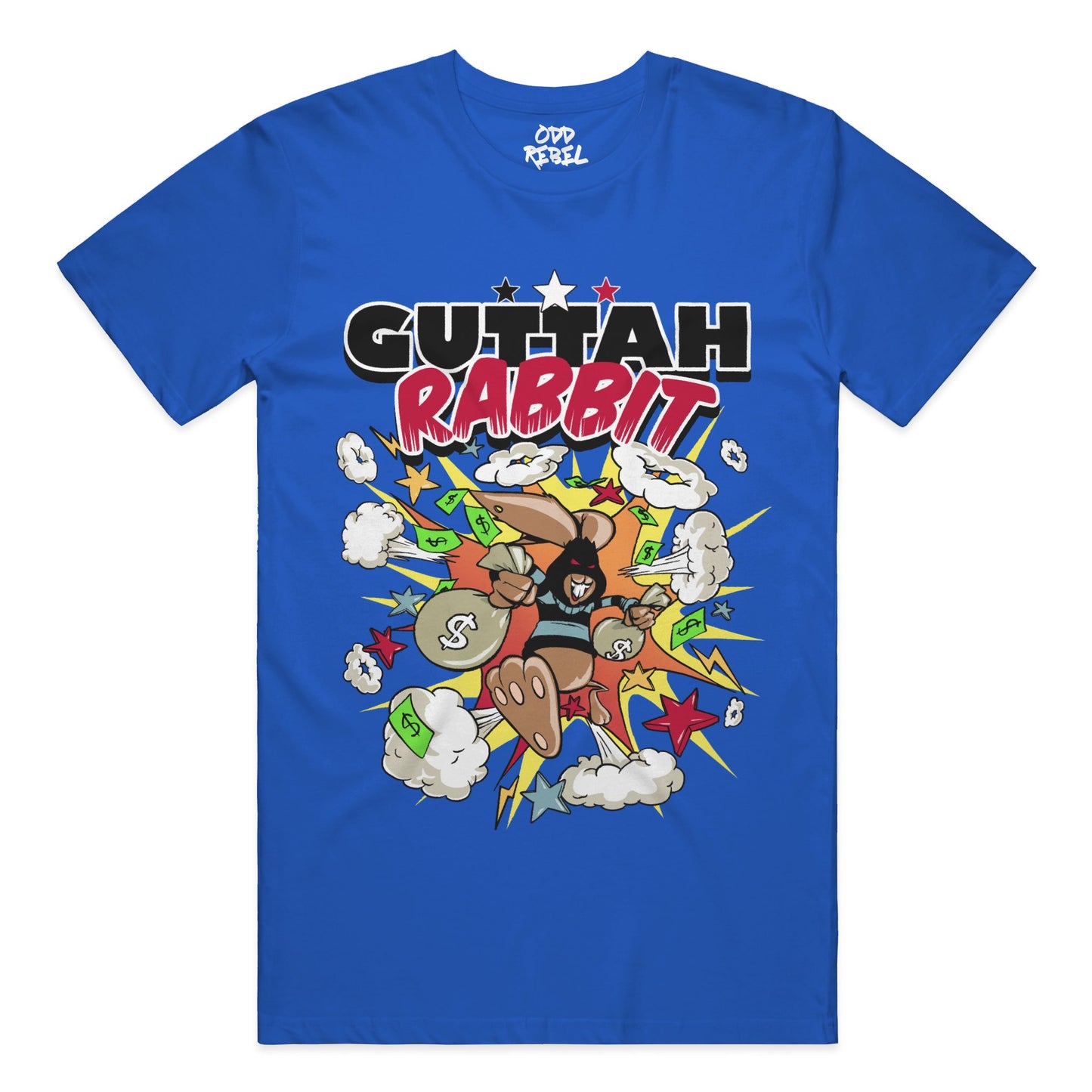 blue graphic streetwear t-shirt featuring guttah rabbit hustle cartoon