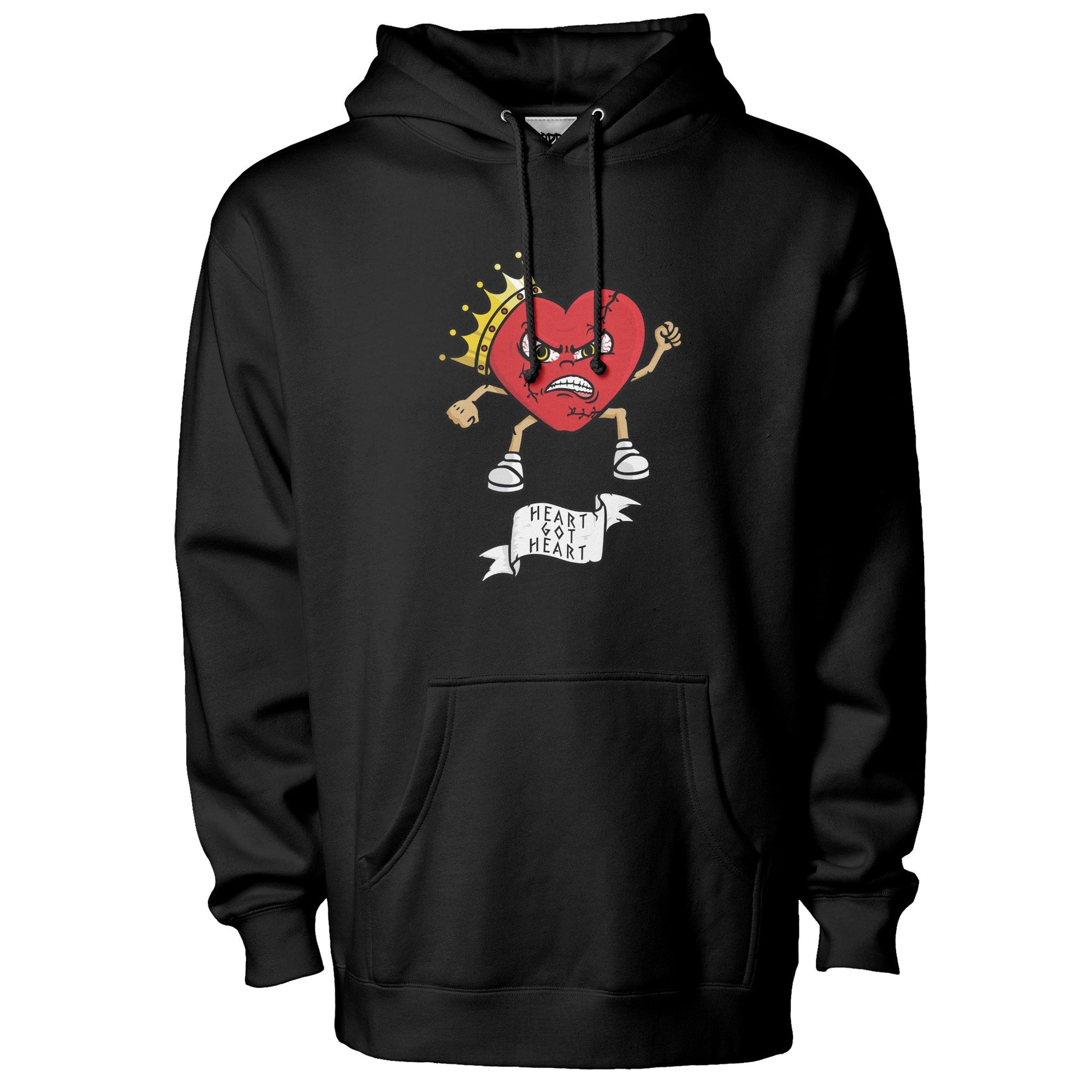 Black pullover streetwear hoodie angled front view with graphic design 
