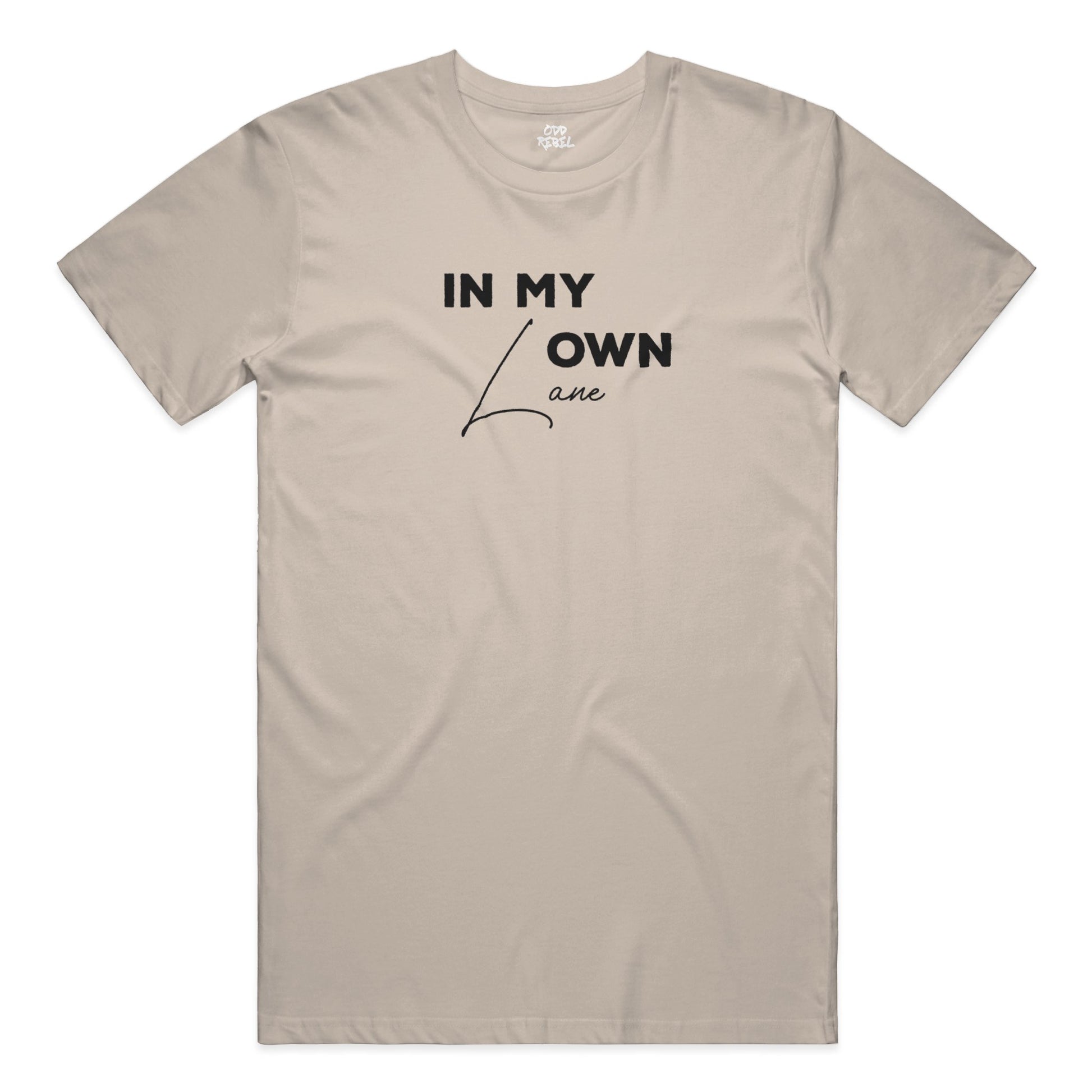 Cream minimalist streetwear t-shirt with "in my own lane" slogan, unisex graphic tee by Odd Rebel