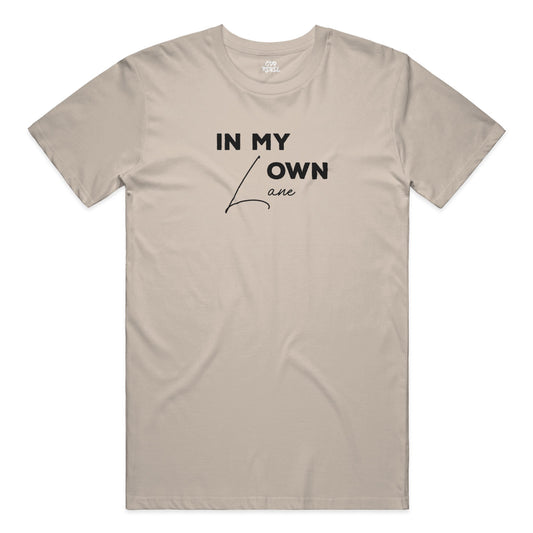 Cream minimalist streetwear t-shirt with "in my own lane" slogan, unisex graphic tee by Odd Rebel