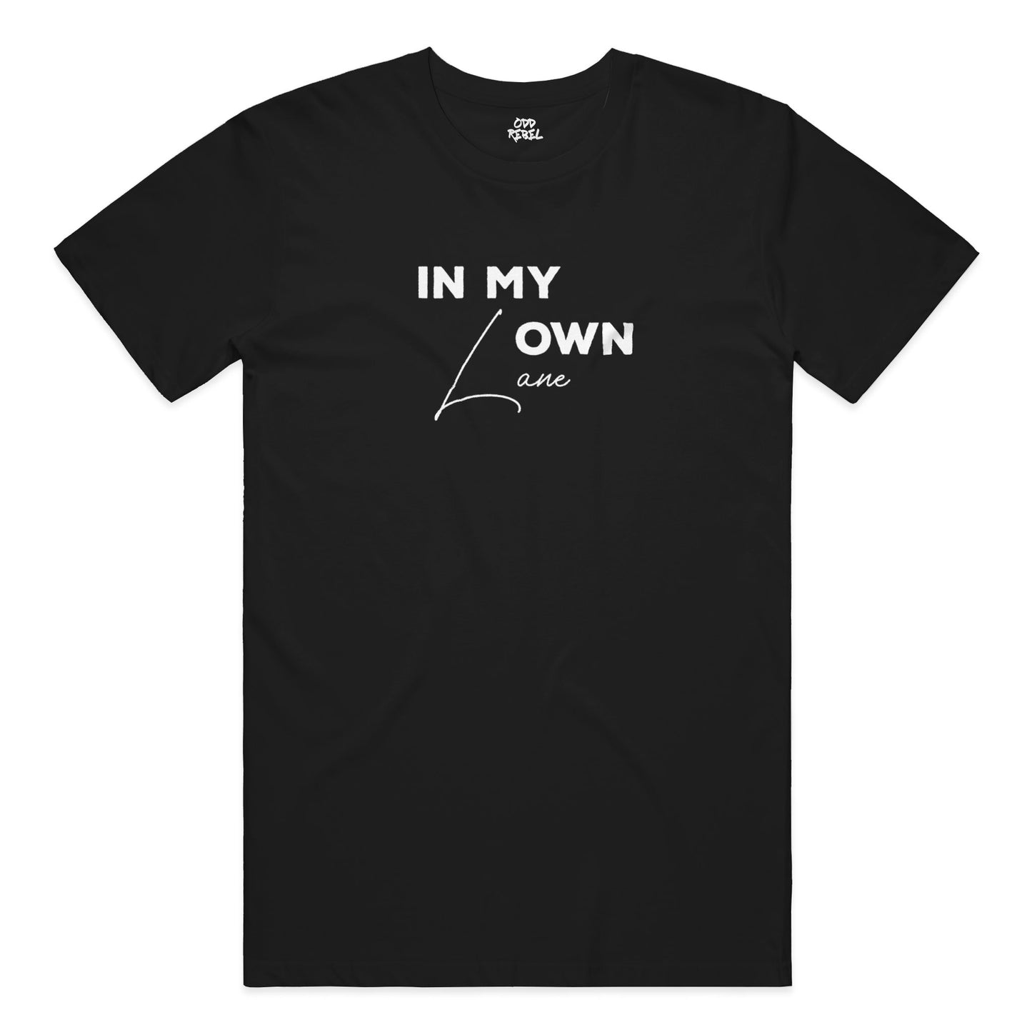 Black minimalist streetwear t-shirt with clean slogan design, unisex fit 