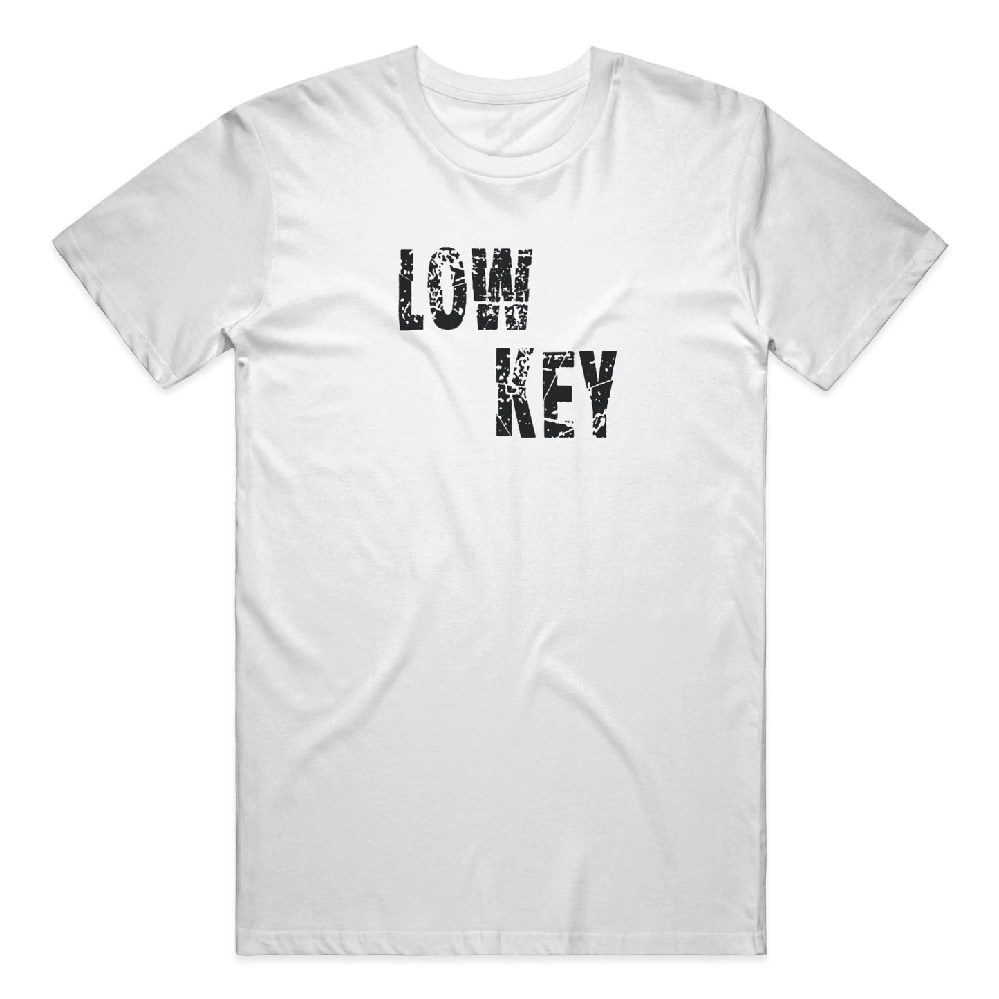 White graphic streetwear t-shirt with minimalist text design