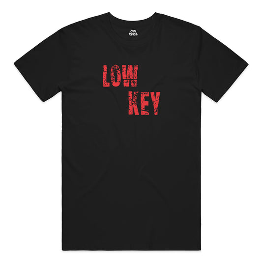 Odd Rebel Low Key black graphic streetwear t-shirt with bold red text design 