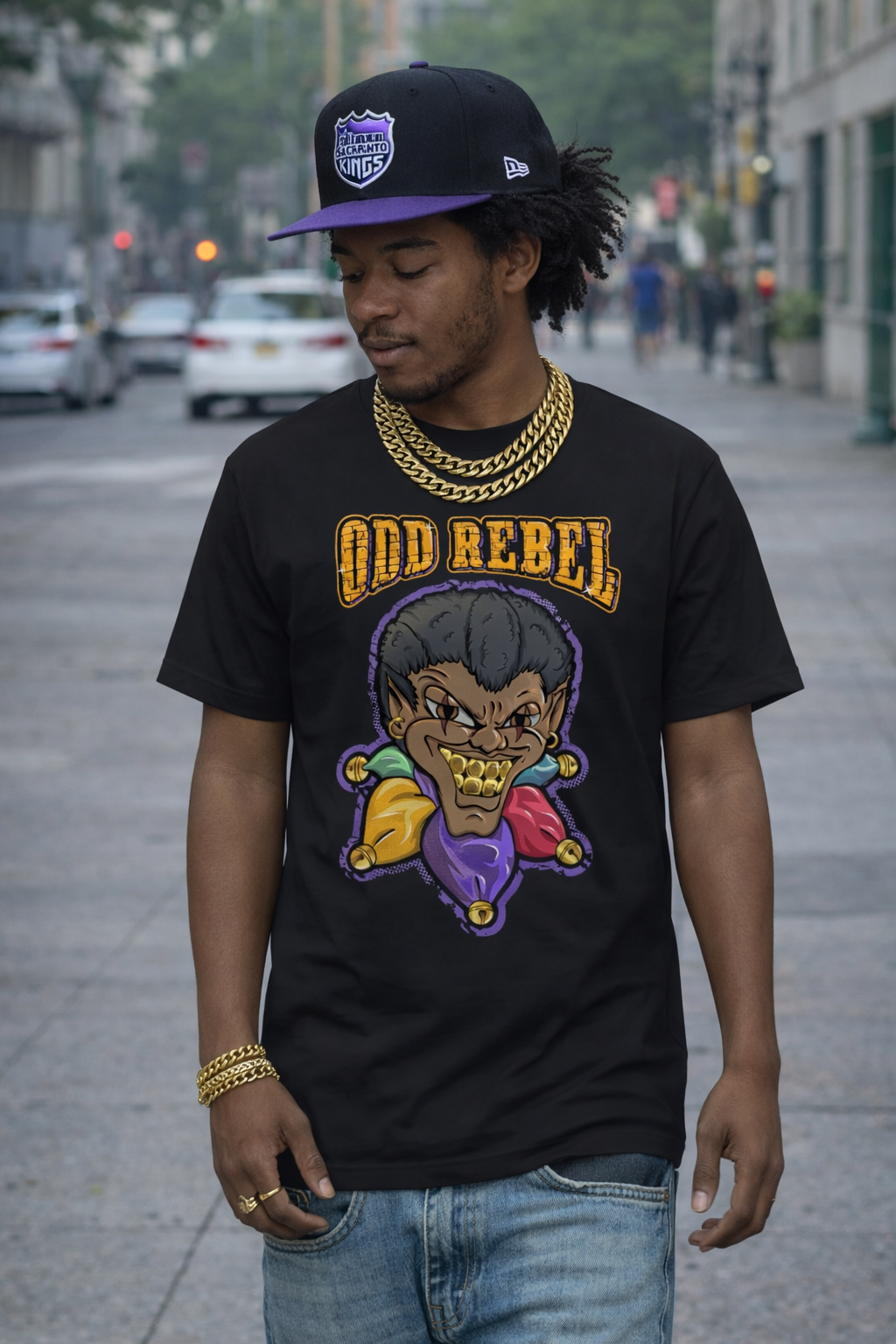 men's graphic streetwear t-shirt worn by model, black urban tee with joker design