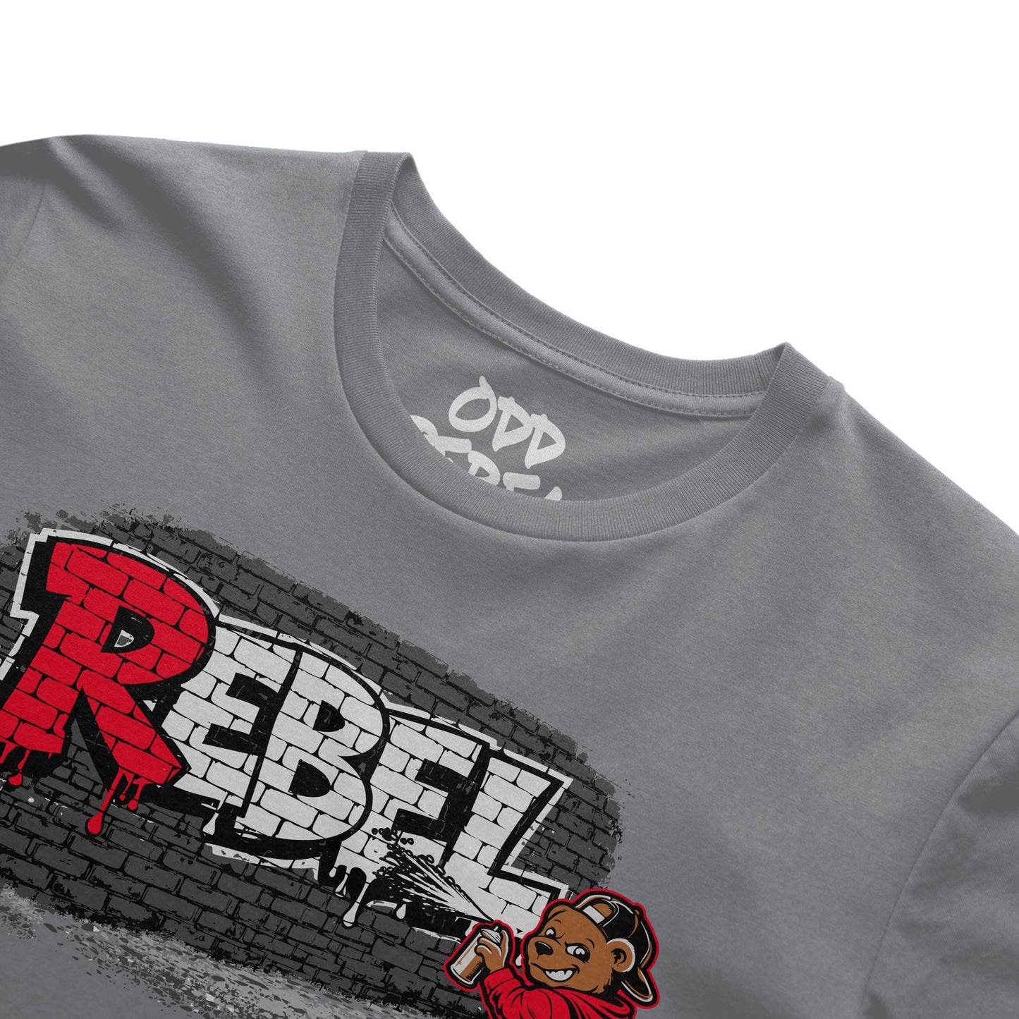 Close-up of rebel bear graffiti graphic printed on gray streetwear t-shirt