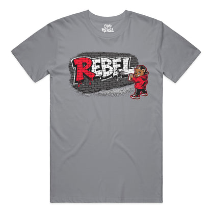 Gray graphic t-shirt with rebel bear graffiti design on the front by OddRebel
