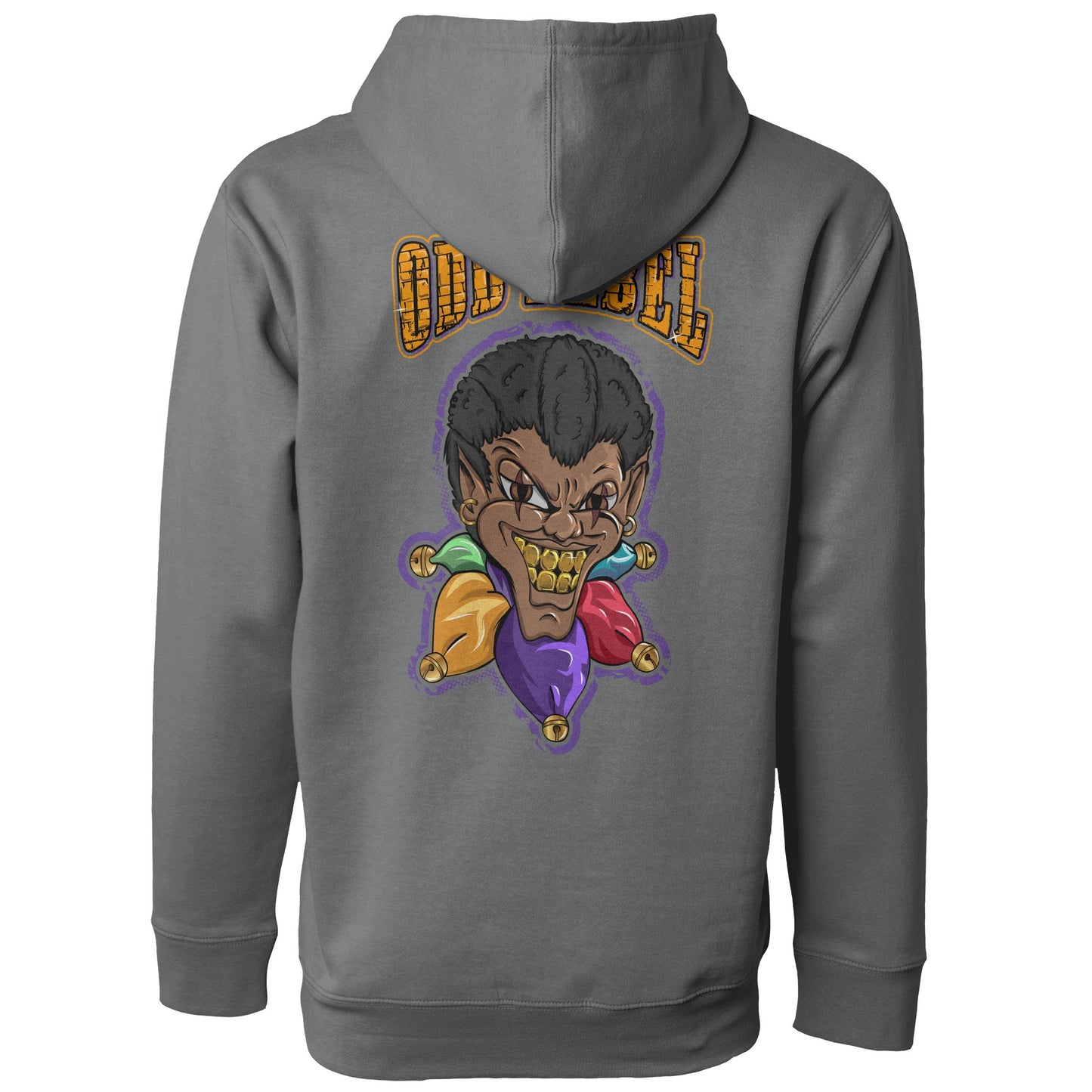 Grey streetwear hoodie featuring large joker graphic printed on back