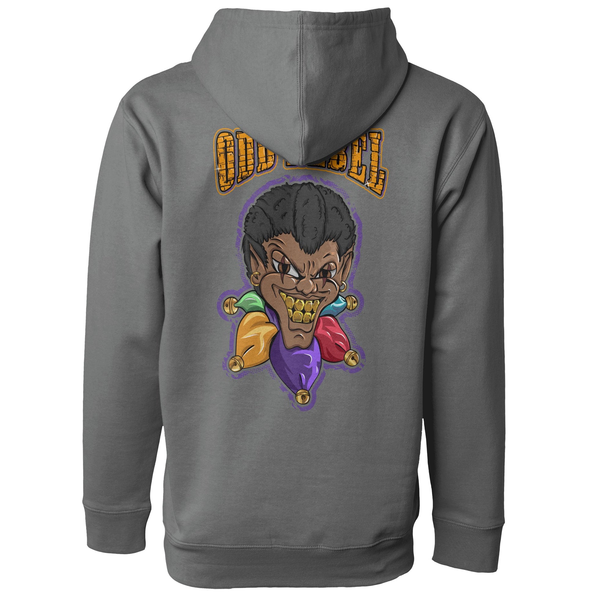 Grey streetwear hoodie featuring large joker graphic printed on back