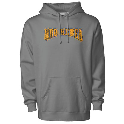 Grey streetwear hoodie with bold graphic logo and pullover design 