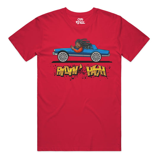 Red graphic t-shirt with cartoon character driving a blue car Ridin' High text by Odd Rebel