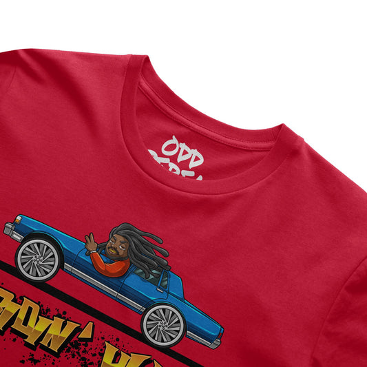 Close-up of cartoon character driving a blue on streetwear t-shirt