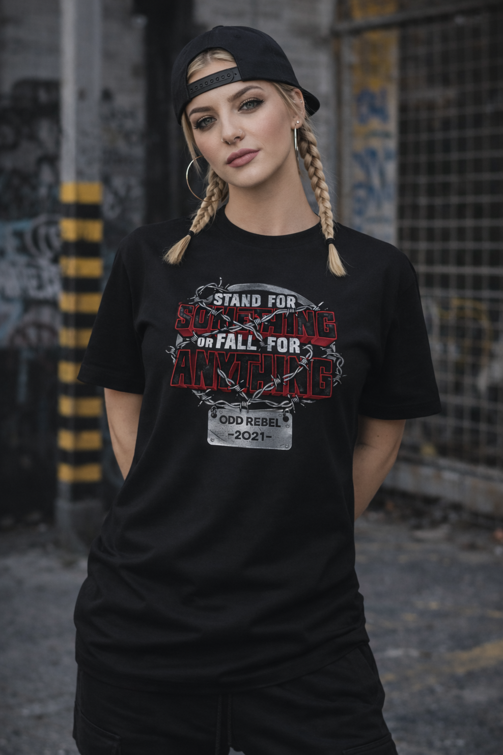 Women's streetwear graphic t-shirt styled for hip-hop fashion