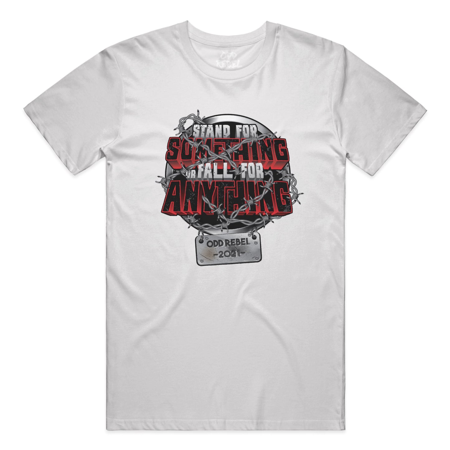 White graphic t-shirt with bold streetwear design, unisex fit