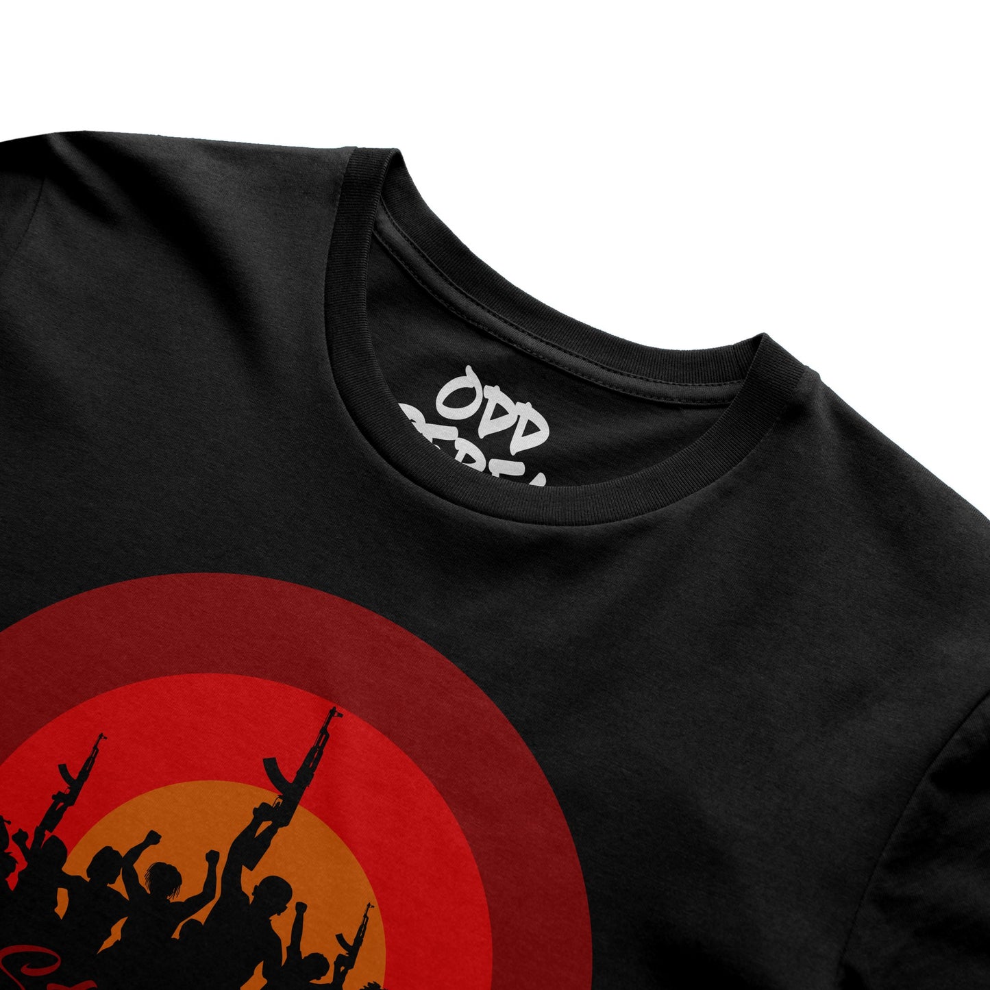 Close-up of bold black graphic t-shirt featuring unity-inspired artword