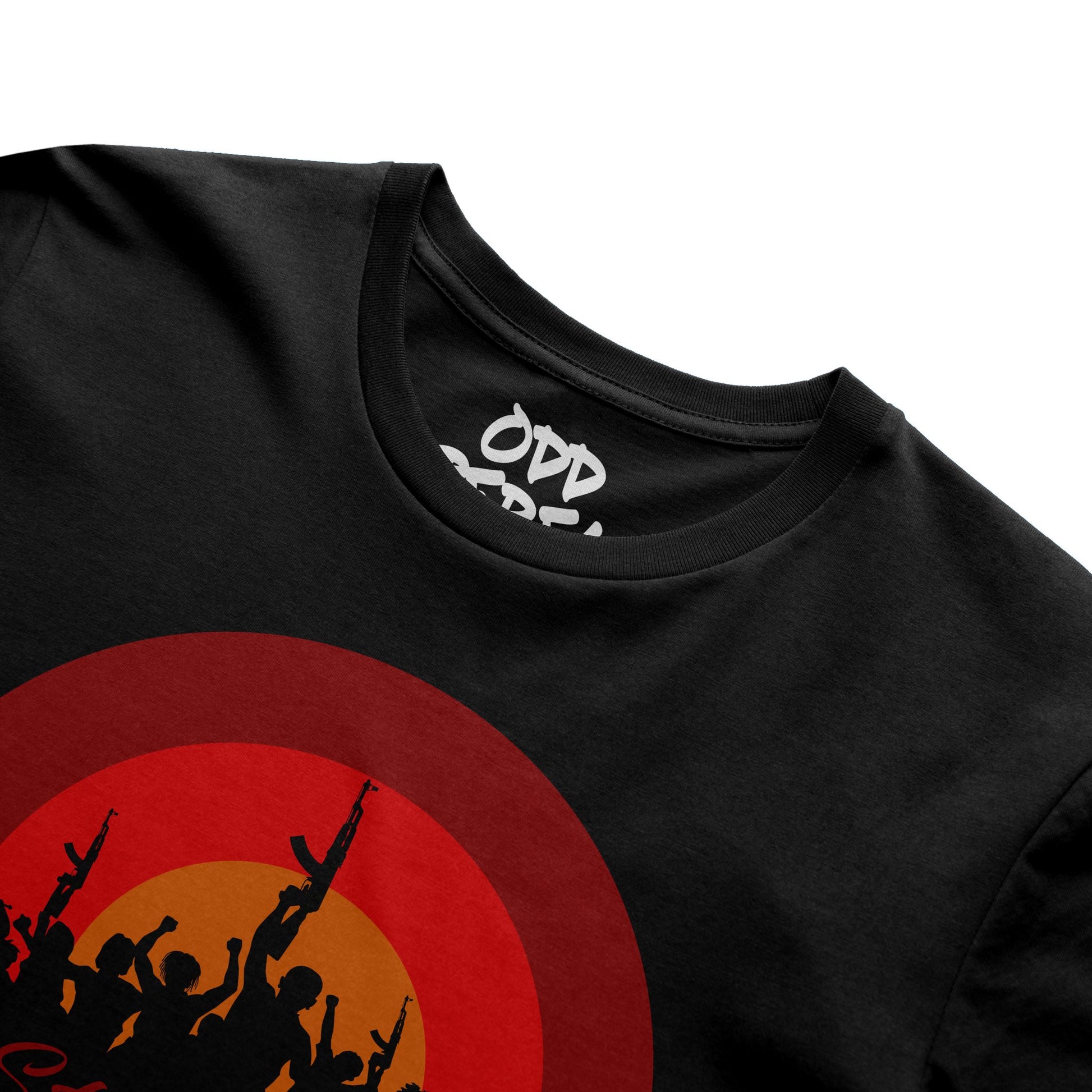 Close-up of bold black graphic t-shirt featuring unity-inspired artword
