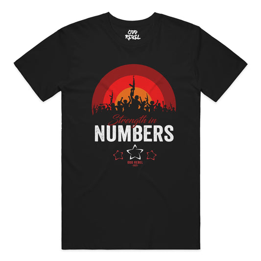 Black streetwear t-shirt with strength in numbers graphic, unisex graphic tee for urban fashion by Odd Rebel 